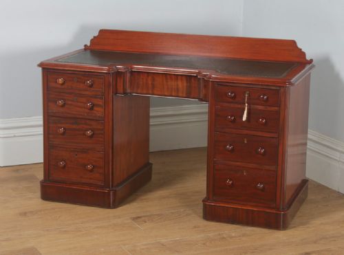 fig 2. Antique Victorian Mahogany & Green Leather 4ft 6” Breakfront Knee Hole Office Pedestal Writing Desk (Circa 1870)