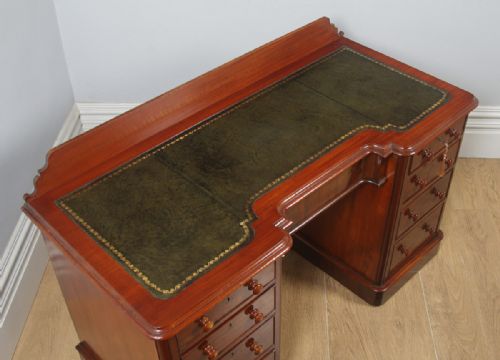 fig 3. Antique Victorian Mahogany & Green Leather 4ft 6” Breakfront Knee Hole Office Pedestal Writing Desk (Circa 1870)