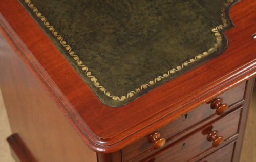 fig 4. Antique Victorian Mahogany & Green Leather 4ft 6” Breakfront Knee Hole Office Pedestal Writing Desk (Circa 1870)