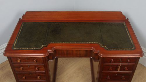 fig 5. Antique Victorian Mahogany & Green Leather 4ft 6” Breakfront Knee Hole Office Pedestal Writing Desk (Circa 1870)