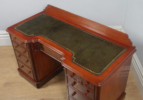 fig 6. Antique Victorian Mahogany & Green Leather 4ft 6” Breakfront Knee Hole Office Pedestal Writing Desk (Circa 1870)