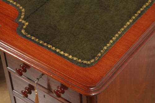 fig 7. Antique Victorian Mahogany & Green Leather 4ft 6” Breakfront Knee Hole Office Pedestal Writing Desk (Circa 1870)