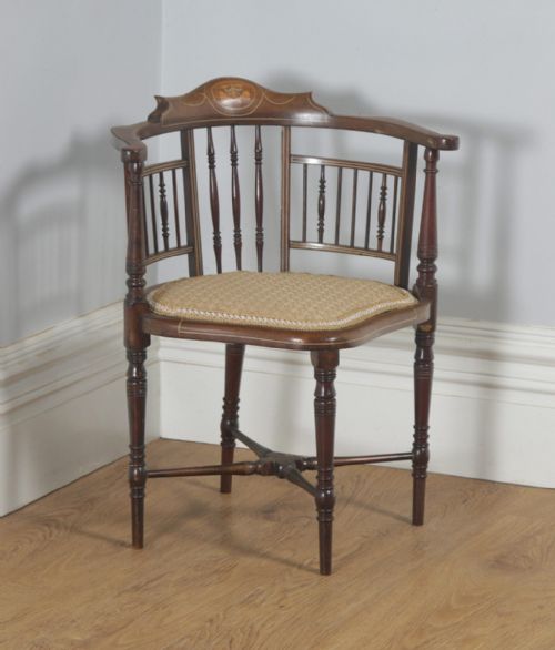 Antique English Edwardian Mahogany Inlaid Satinwood Marquetry Salon Corner Arm Chair (Circa 1900)