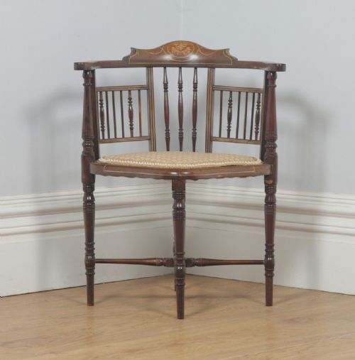 fig 1. Antique English Edwardian Mahogany Inlaid Satinwood Marquetry Salon Corner Arm Chair (Circa 1900)