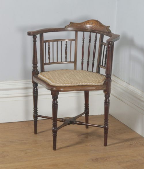 fig 2. Antique English Edwardian Mahogany Inlaid Satinwood Marquetry Salon Corner Arm Chair (Circa 1900)