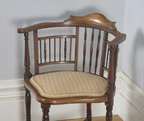 fig 3. Antique English Edwardian Mahogany Inlaid Satinwood Marquetry Salon Corner Arm Chair (Circa 1900)
