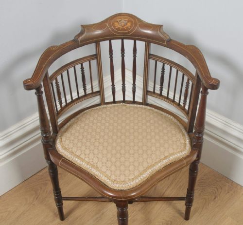 fig 4. Antique English Edwardian Mahogany Inlaid Satinwood Marquetry Salon Corner Arm Chair (Circa 1900)