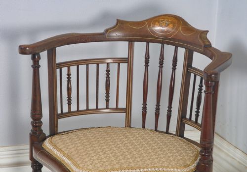 fig 5. Antique English Edwardian Mahogany Inlaid Satinwood Marquetry Salon Corner Arm Chair (Circa 1900)