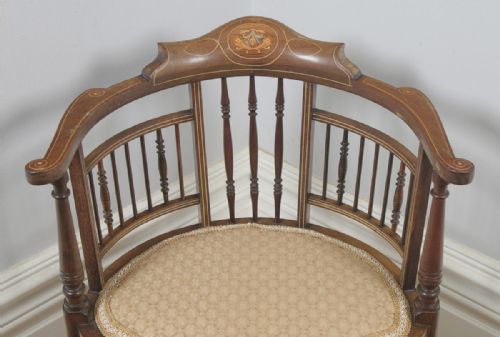 fig 6. Antique English Edwardian Mahogany Inlaid Satinwood Marquetry Salon Corner Arm Chair (Circa 1900)