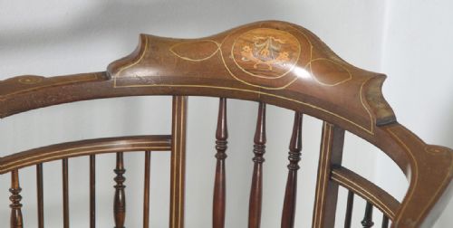 fig 7. Antique English Edwardian Mahogany Inlaid Satinwood Marquetry Salon Corner Arm Chair (Circa 1900)