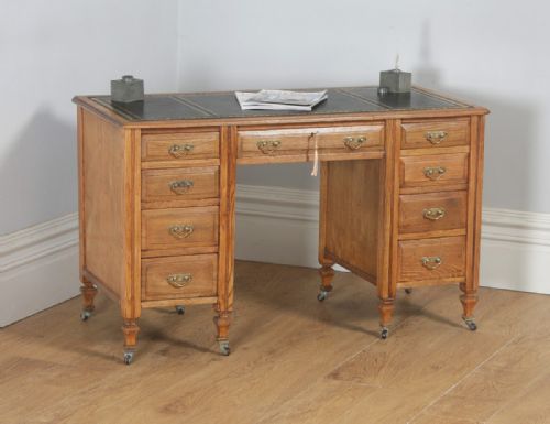 Antique English Victorian Ash & Green Leather 4ft Office Pedestal Desk (Circa 1890)