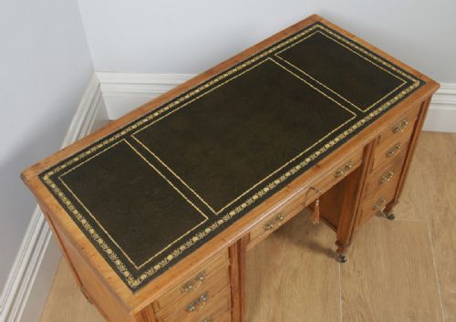 fig 1. Antique English Victorian Ash & Green Leather 4ft Office Pedestal Desk (Circa 1890)