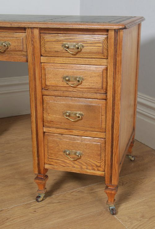 fig 6. Antique English Victorian Ash & Green Leather 4ft Office Pedestal Desk (Circa 1890)