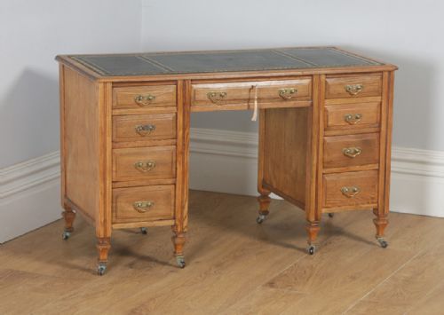 fig 7. Antique English Victorian Ash & Green Leather 4ft Office Pedestal Desk (Circa 1890)