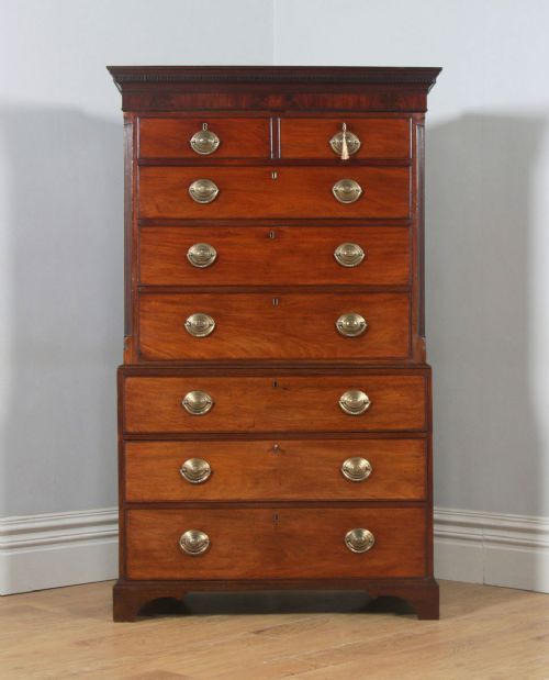 fig 1. Antique English Georgian Chippendale Mahogany Tallboy Chest on Chest of Drawers (Circa 1780)