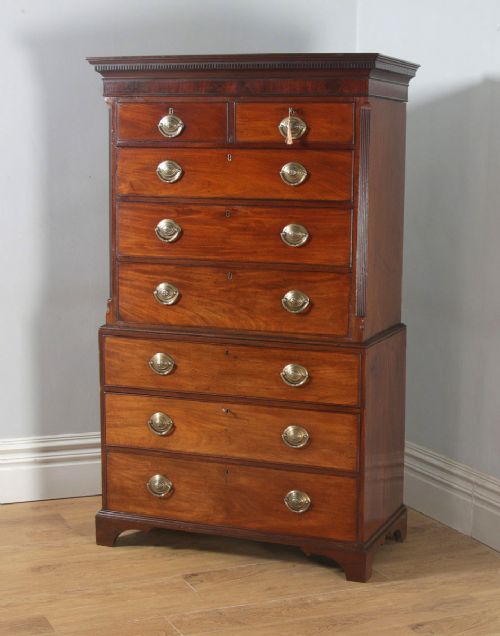 fig 2. Antique English Georgian Chippendale Mahogany Tallboy Chest on Chest of Drawers (Circa 1780)