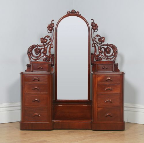 fig 1. Antique English Victorian Mahogany Pedestal Makeup Dressing Table with Mirror (Circa 1870)