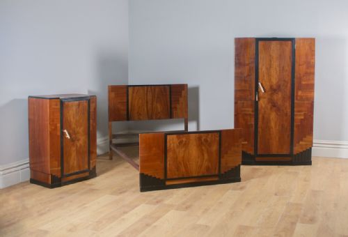 Antique English Art Deco Figured Walnut Three Piece Bedroom Suite – Bed Wardrobe Chest of Drawers (Circa 1930)