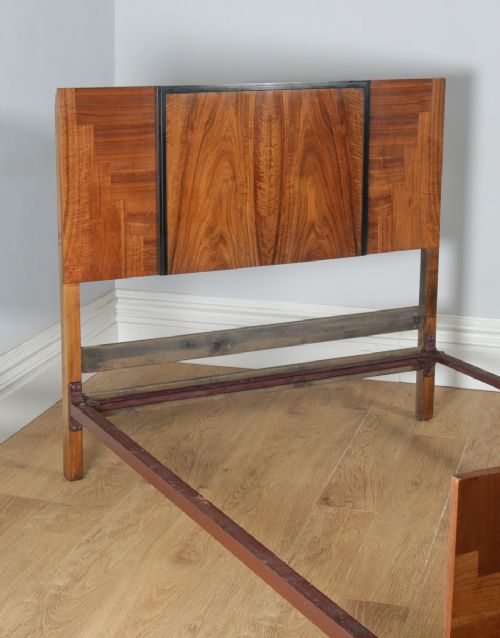 fig 7. Antique English Art Deco Figured Walnut Three Piece Bedroom Suite – Bed Wardrobe Chest of Drawers (Circa 1930)