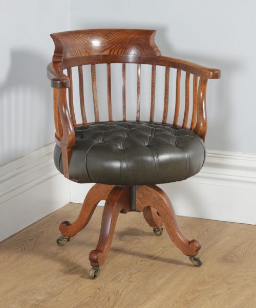 Antique English Victorian Oak & Green Leather Revolving Office Desk Arm Chair (Circa 1880)