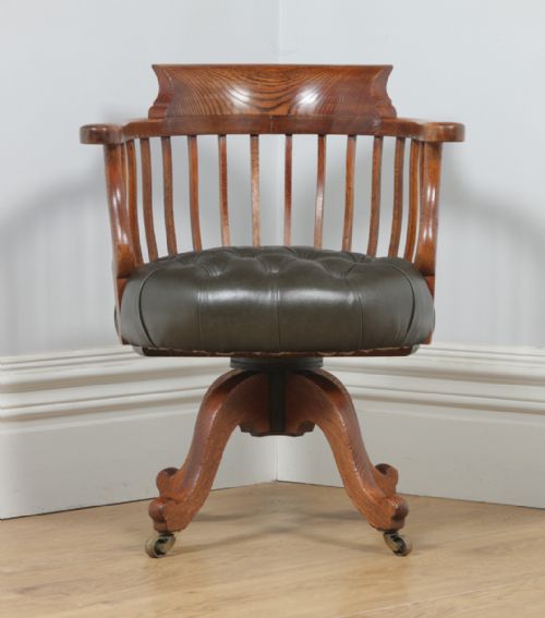 fig 1. Antique English Victorian Oak & Green Leather Revolving Office Desk Arm Chair (Circa 1880)