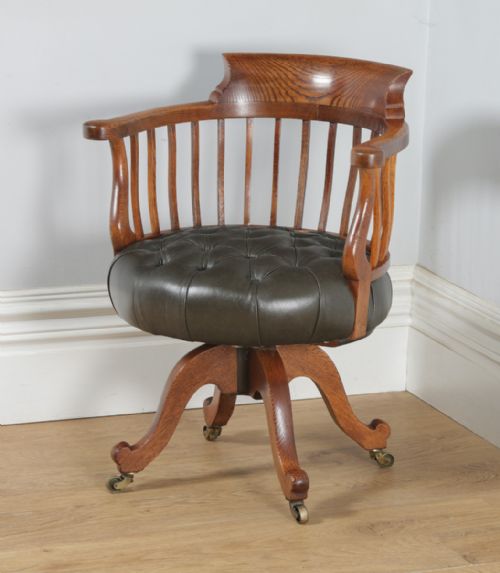 fig 2. Antique English Victorian Oak & Green Leather Revolving Office Desk Arm Chair (Circa 1880)