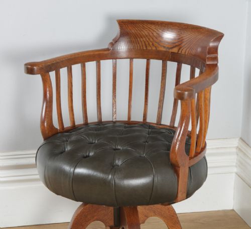 fig 3. Antique English Victorian Oak & Green Leather Revolving Office Desk Arm Chair (Circa 1880)