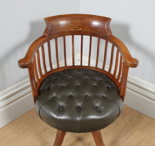 fig 4. Antique English Victorian Oak & Green Leather Revolving Office Desk Arm Chair (Circa 1880)