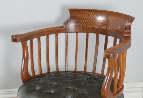 fig 5. Antique English Victorian Oak & Green Leather Revolving Office Desk Arm Chair (Circa 1880)