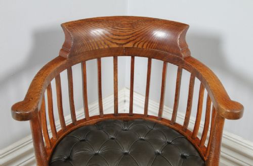 fig 6. Antique English Victorian Oak & Green Leather Revolving Office Desk Arm Chair (Circa 1880)
