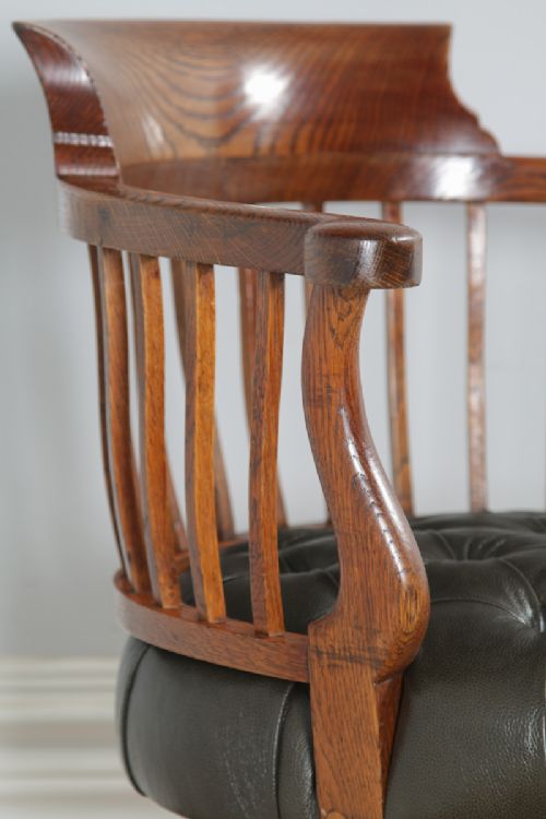 fig 8. Antique English Victorian Oak & Green Leather Revolving Office Desk Arm Chair (Circa 1880)