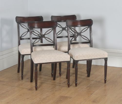 Antique English Set of Four Georgian Regency Mahogany Bar Back Dining Side Chairs (Circa 1820)