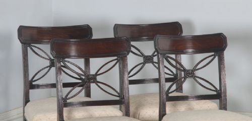 fig 1. Antique English Set of Four Georgian Regency Mahogany Bar Back Dining Side Chairs (Circa 1820)