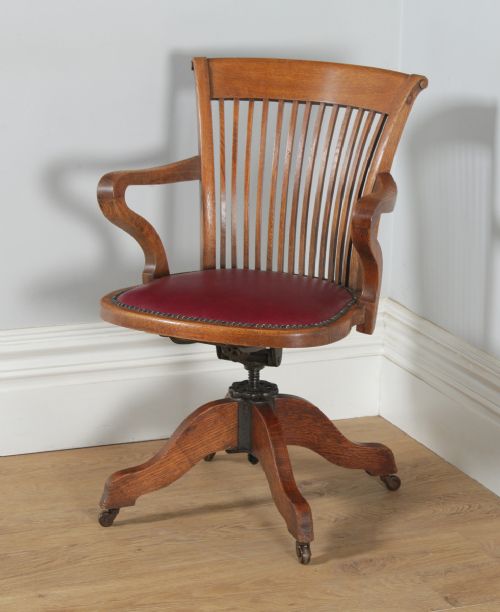 fig 2. Antique English Edwardian Oak & Burgundy Red Leather Revolving Office Desk Arm Chair by Phillips & Sons of Bristol (Circa 1910)