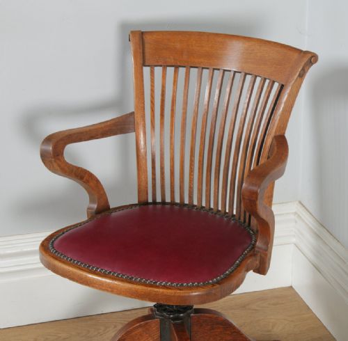 fig 3. Antique English Edwardian Oak & Burgundy Red Leather Revolving Office Desk Arm Chair by Phillips & Sons of Bristol (Circa 1910)