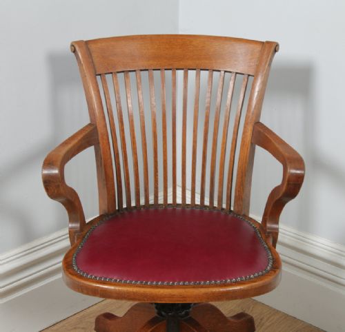 fig 4. Antique English Edwardian Oak & Burgundy Red Leather Revolving Office Desk Arm Chair by Phillips & Sons of Bristol (Circa 1910)
