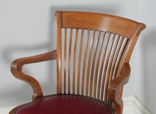 fig 5. Antique English Edwardian Oak & Burgundy Red Leather Revolving Office Desk Arm Chair by Phillips & Sons of Bristol (Circa 1910)