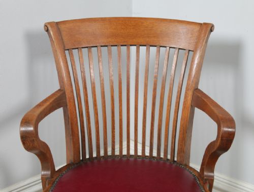 fig 6. Antique English Edwardian Oak & Burgundy Red Leather Revolving Office Desk Arm Chair by Phillips & Sons of Bristol (Circa 1910)