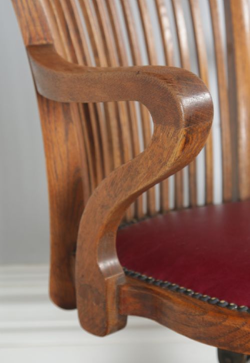 fig 7. Antique English Edwardian Oak & Burgundy Red Leather Revolving Office Desk Arm Chair by Phillips & Sons of Bristol (Circa 1910)