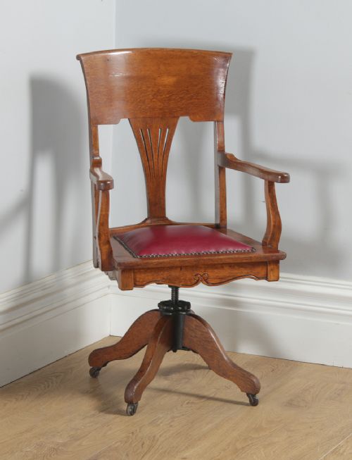 Antique English Edwardian Art Nouveau Oak & Red Leather Revolving Office Desk Arm Chair (Circa 1910)