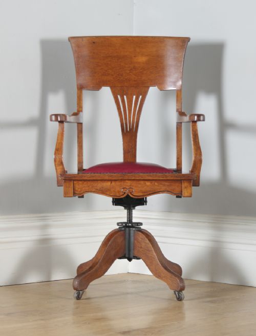 fig 1. Antique English Edwardian Art Nouveau Oak & Red Leather Revolving Office Desk Arm Chair (Circa 1910)
