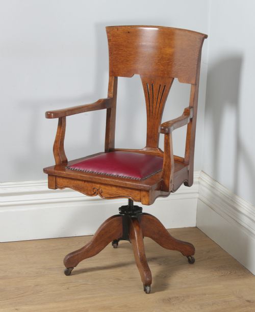 fig 2. Antique English Edwardian Art Nouveau Oak & Red Leather Revolving Office Desk Arm Chair (Circa 1910)