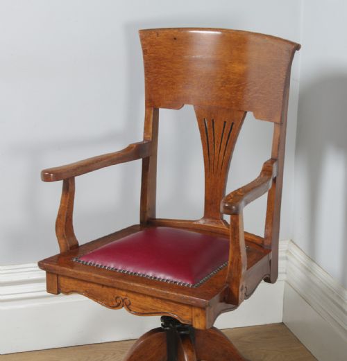 fig 3. Antique English Edwardian Art Nouveau Oak & Red Leather Revolving Office Desk Arm Chair (Circa 1910)