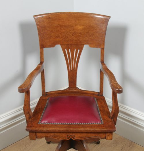 fig 4. Antique English Edwardian Art Nouveau Oak & Red Leather Revolving Office Desk Arm Chair (Circa 1910)