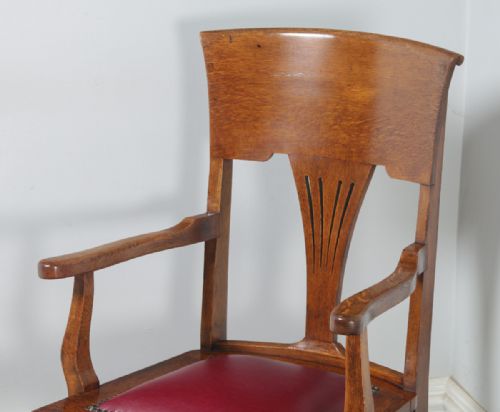 fig 5. Antique English Edwardian Art Nouveau Oak & Red Leather Revolving Office Desk Arm Chair (Circa 1910)