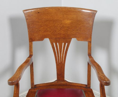 fig 6. Antique English Edwardian Art Nouveau Oak & Red Leather Revolving Office Desk Arm Chair (Circa 1910)