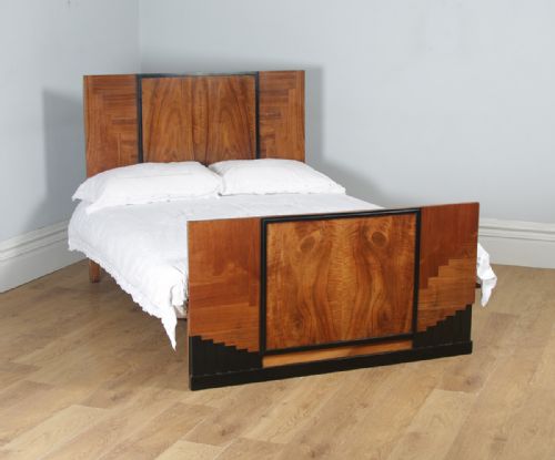 Antique English Art Deco Figured Walnut 4ft 6” Double Size Bed (Circa 1930)