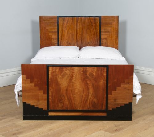 fig 1. Antique English Art Deco Figured Walnut 4ft 6” Double Size Bed (Circa 1930)