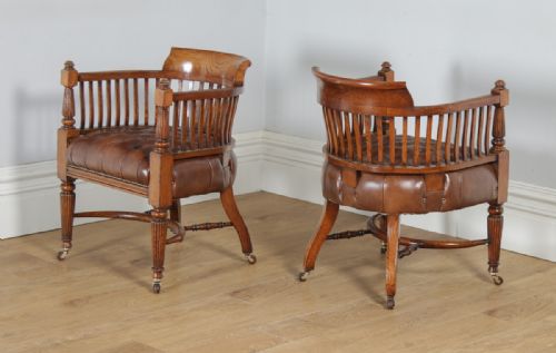 fig 1. Antique English Pair of Victorian Oak & Brown Leather Office Desk Library Club Arm Chairs (Circa 1850)