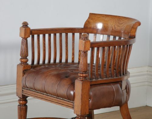 fig 2. Antique English Pair of Victorian Oak & Brown Leather Office Desk Library Club Arm Chairs (Circa 1850)